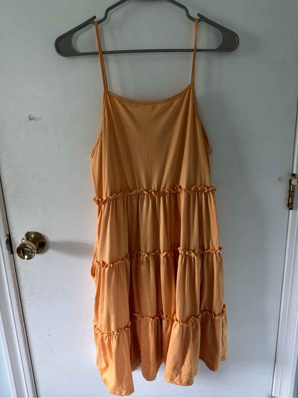 Spaghetti-Strap Tiered Mini Dress in Peach